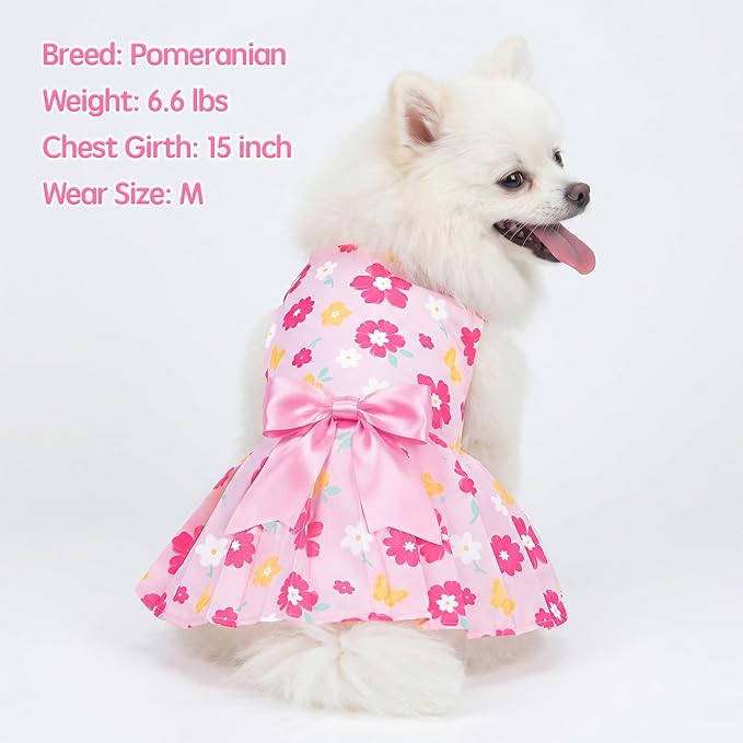 XPUDAC 4 Pack Floral Dog Dress for Small Dogs Girl, Cute Puppy Dresses with Bowknot, Sweet Dog Skirt, Breathable Lightweight Summer Pet Clothes for Holiday Birthday Party, XXS