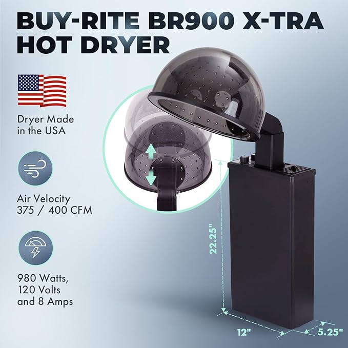 Buy-Rite BR900 X-tra Hot Professional Salon Hair Dryer, 980W Hooded Dryer with Extra Large Bonnet, 5 Heat Settings, 60-Min Timer, Removable Filter, UL/CSA Approved, HL-1200 (Black, 120V)