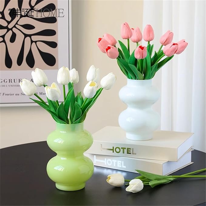 JSPYFITS Glass Hydroponic Flower Vase, Double Balls Colored Glasses Bubble Vases for Flower, 7 Inches Glass Funky Vase for Home/Office/Weddings/Party Table Décor (White)