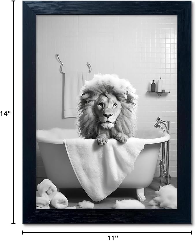 Framed Black and White Animal Bathroom Wall Art Funny Lion in tub Bathroom Pictures Wall Decor Bathtub Print Paintings