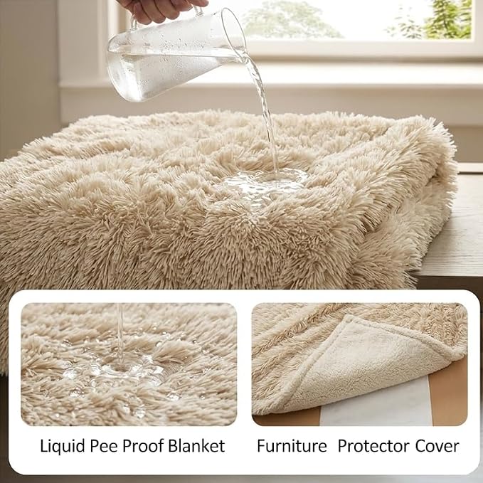 Waterproof Dog Blanket Pet Throw Blankets Fluffy Long Faux Fur Reversible Puppy Blankets 85x57in Furniture Protector Cover for Sofa Bed Couch Bed Cover Washable for Dogs Cats (Beige XL)