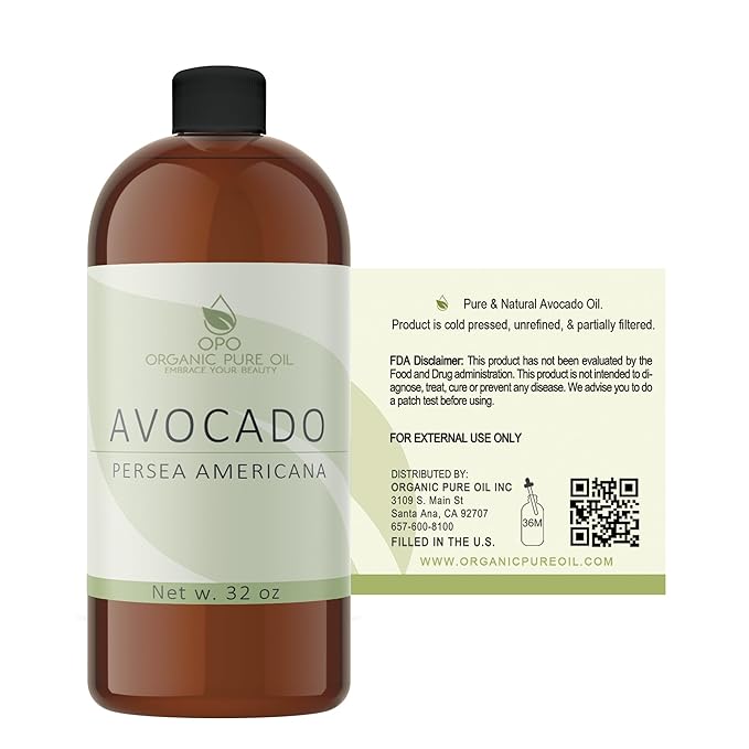 Avocado Oil - Pure, Unrefined, Partially Filtered, Non-GMO, Vegan, Fair Trade, Cold Pressed Peel, Bulk Carrier - 32 oz - for Skin, Hair, Nails, Body & More! Hydrating, Nourishing, Moisturizing