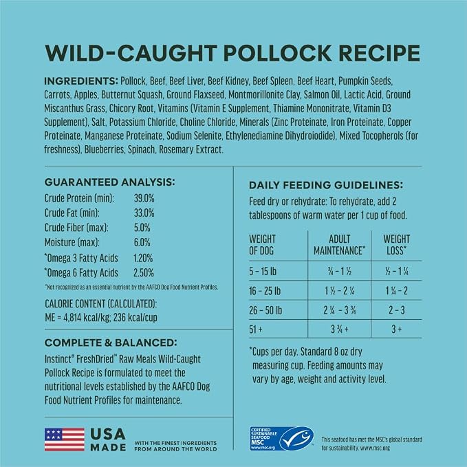 Instinct Freeze Dried Meals, Natural Dog Food, Wild-Caught Pollock, 14 oz. | FreshDried raw, 85% meat & organs, 15% non-GMO vegetables, fruits & other wholesome ingredients, supports overall vitality