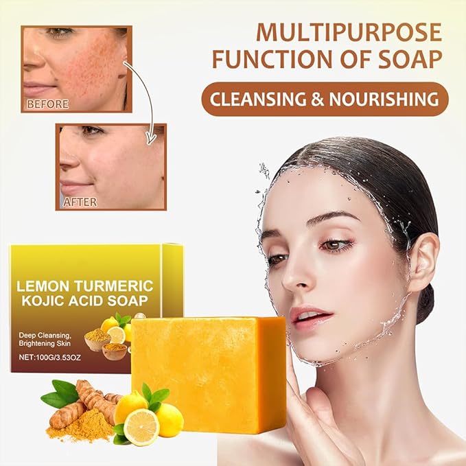 Jabon de Curcuma Para las Manchas, Acido Kojico para Manchas, Jabón de Curcuma, Aceite de Coco, Vitamina E, Triple Para Rostro y Cuerpo, Jabón Para Piel Grasa y Seca (1 Jabon Intimo Para Mujer)