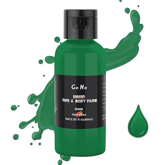 Go Ho Liquid Green Face Body Paint(2.1 oz),Green Based Water Based Face Paint and Body Paint for Airbrush Makeup Special FX, Cosplay, and Halloween Costumes Witch Hulk Makeup