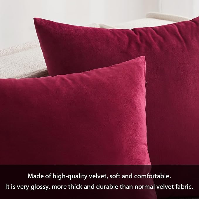 MIULEE 24x24 Inch Pack of 2 Euro Velvet Throw Pillow Covers Wine Red | Soft Solid Decorative Euro Sham, Modern Luxury Home Decor, for King Bed Sofa Couch Bedroom Livingroom