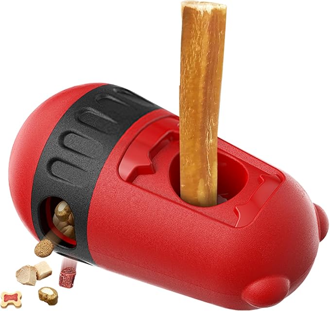 LIFLIX 2 in 1 Interactive Treat Dispensing Dog Toys, Bully Stick Holder, Adjustable Dog Treat Holder for Medium & Large Dogs, Safety Device to Prevent Choking, Red