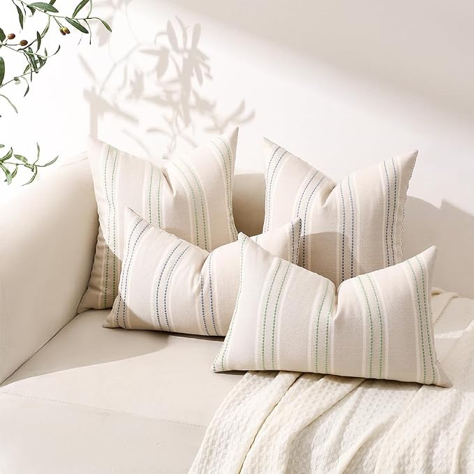 Hckot Stripe Throw Pillow Covers 20x20 Set of 2 Light Green Pillow Covers | Farmhouse Decorative Pillows Textured Linen Square Cushion Covers for Sofa Couch Bed Living Room Decor