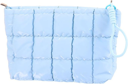 Puffer Quilted Makeup Bag Travel Cosmetic Bag Portable Puffy Checkered Toiletry Pouch Skincare Organizer Purse Pencil Case (Light Blue)