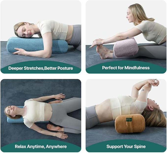 Yoga Bolster Pillow for Meditation and Support - Rectangular Foam Cushion with Removable Corduroy Cover, Machine Washable Suede-like Pillowcase & Convenient Carry Handles for Men Women Purple