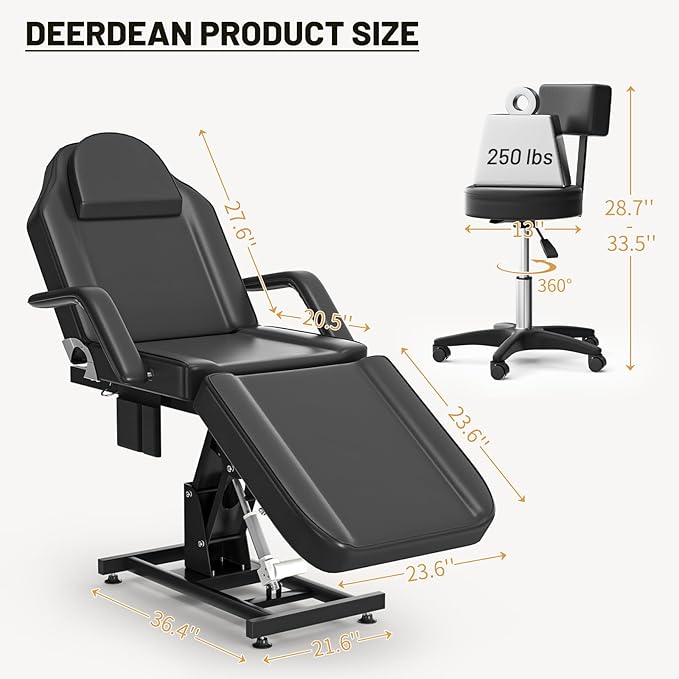 Electric Tattoo Bed + 13" Diameter Rolling Stool Combo | 3-Section Spa Table (24"-34") & Height-Adjustable Salon Chair (13.8"-21.7") for Artists