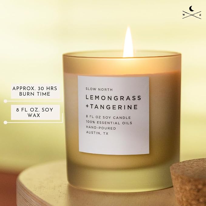Slow North Lemongrass + Tangerine Candle - Essential Oils and Pure Soy Wax Candle in a Reusable Frosted Glass Jar - A Unique Scented Candle Hand-Poured in the USA (8 oz)