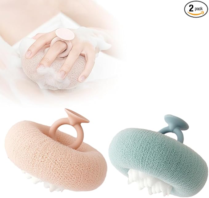 Super Soft Sunflower Suction Cup Bath Ball, 2024 Upgraded 2-in-1 Sunflower Bath Ball Exfoliating Bath Sponge Cleaning Brush, Sponge Mesh Pouf Shower Ball for Women, Men Shower (Apricot+Green)