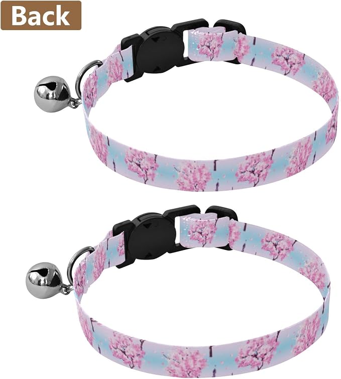 2 Pack Pet Collar Cherry Blossom Trees Blue Dog Collar with Bell, Adjustable 10.6 to 17.1 Inches