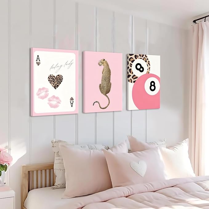Cheetah Trendy Wall Art Set of 3 Preppy Leopard Canvas Print for College Apartment Room Wall Decor 8 Ball Poster Y2k Pink Coquette Print Lucky Aesthetic Pictures for Bedroom Dorm 16x24 In Framed