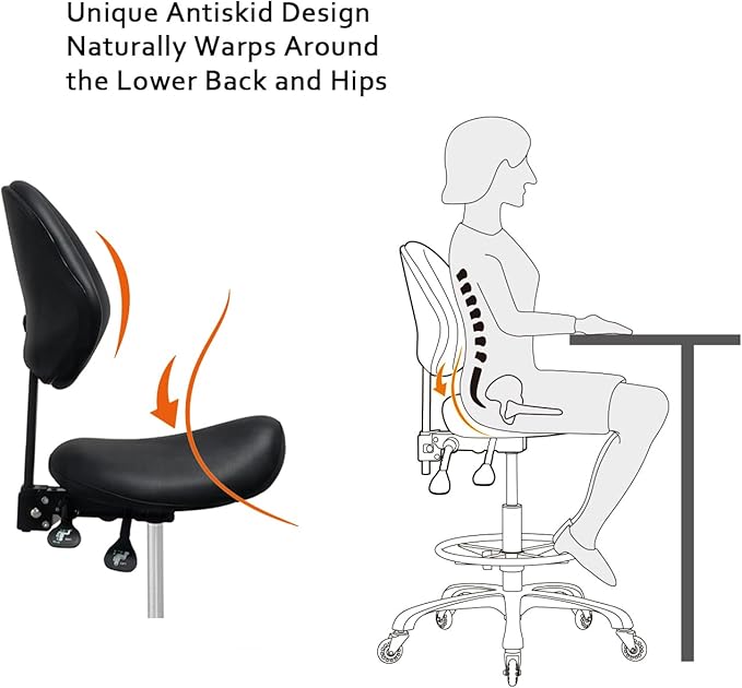 Saddle Stool Chair with Back Support Footrest, Heavy-Duty(350LBS), Hydraulic Rolling Swivel Adjustable Stool Chair for Salon Spa Beauty Massage Dental Clinic Home Office Use(Black)