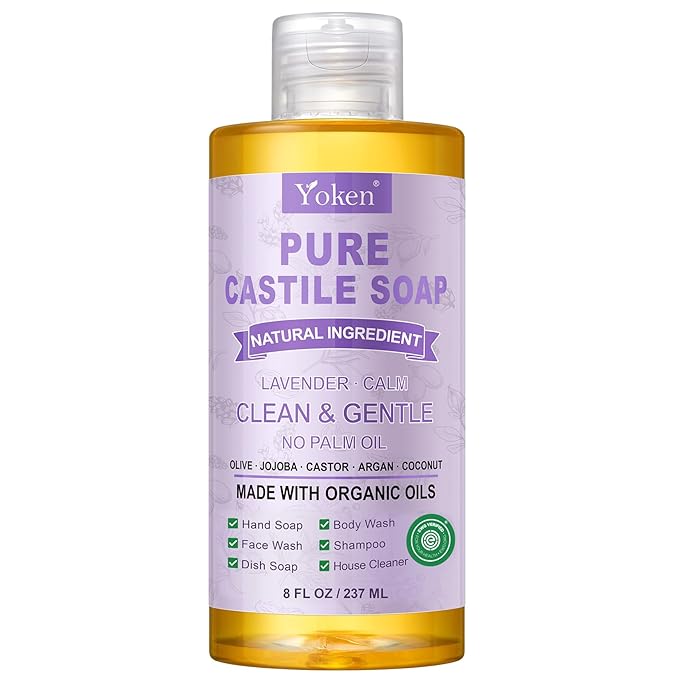 Yoken Pure Castile Soap Liquid Lavender 8 OZ, Made with Certified Organic Oils, Gentle Lavender Soap for Hands & Body Wash, Face, Dishes, Laundry & More - Vegan & Natural Ingredients Cleanser