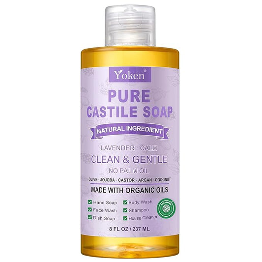 Yoken Pure Castile Soap Liquid Lavender 8 OZ, Made with Certified Organic Oils, Gentle Lavender Soap for Hands & Body Wash, Face, Dishes, Laundry & More - Vegan & Natural Ingredients Cleanser