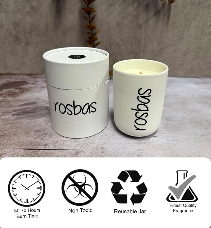 rosbas Lavender Soy Wax Candle - 8 oz in Ceramic Jar - Boxed - Clean Burning for Relaxation and Sleep - White - Made in USA