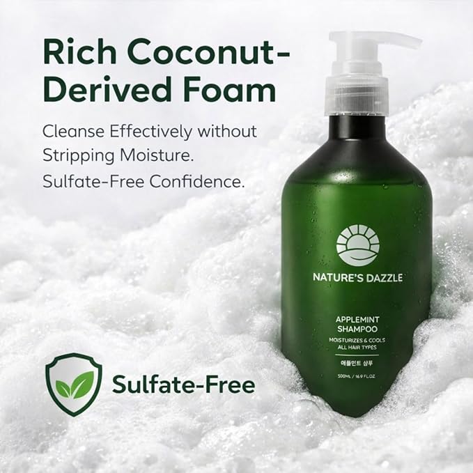 Nature’s Dazzle Applemint Cool Relief Shampoo - Clarifying Tea Tree & Peppermint for Oily Scalp - Sulfate Free Volumizing Formula with Salicylic Acid & Herbal Extracts - K-Beauty, 16.9 fl oz