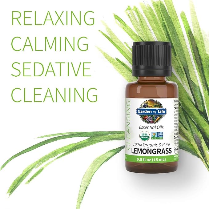 Garden of Life Essential Oil, USDA Organic & Pure, Clean, Undiluted & Non-GMO, for Diffuser, Aromatherapy, Meditation, Cleansing, Relaxing, Calming, Lemongrass, 0.5 Fl Oz (Pack of 2)