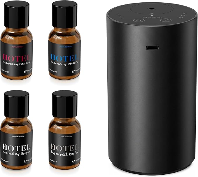 Airversa ADX Waterless Essential Oil Diffuser Starter Kit, Black | 4 x 10mL Hotel Scent Fragrance Oi, Up to 600 sq ftl, Battery Operated, Portable for Home Car Office, ADXKit-4x10-01