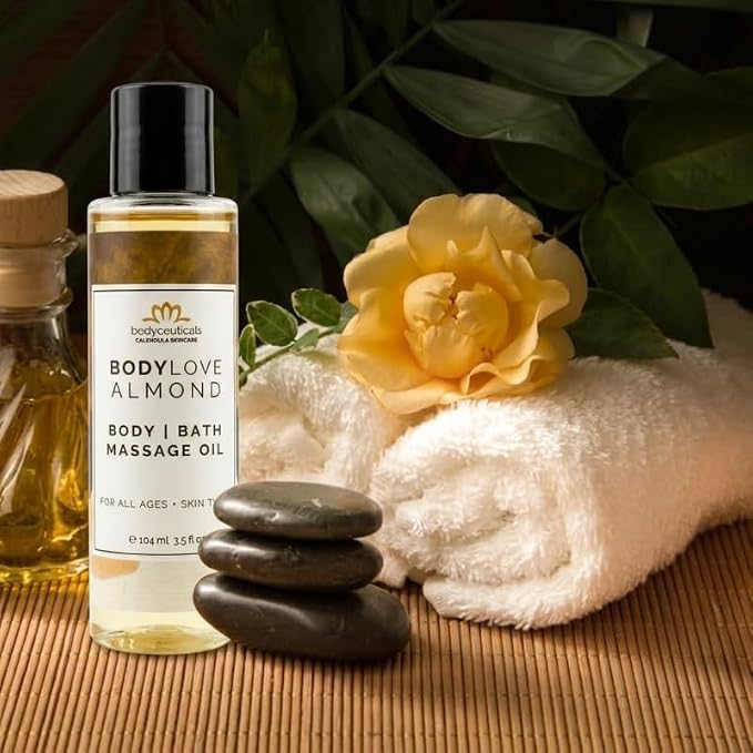 Almond BodyLove Massage Oil – 100% Food-Grade, Organic Hydrating Body Oil with Calendula – Non-GMO, Vegan, Gentle on Sensitive Skin – 3.5 oz