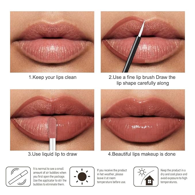 evpct Nude Shiny Glossy Longwear No-Budge Liquid Lip Color Lipstick Makeup, Highly Pigmented Color Instant Shine, Waterproof Long Lasting Lipstick for Women, Lip Stain Gloss with Lip Liner Brush