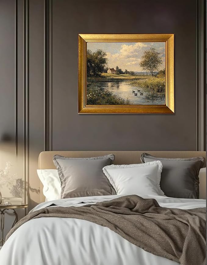 Gold Framed Vintage River Landscape Wall Art With Ducks Cottage Core Artwork Country Landscape Canvas Print for Living Room Bedroom Bathroom Decor