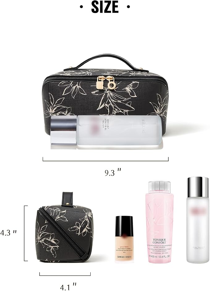 EACHY Travel Makeup Bag, Large Capacity Cosmetic Bags for Women, Waterproof Portable Pouch Open Flat Toiletry Bag Pattern Make up Bag (F-Black)