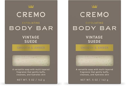 Cremo Exfoliating Body Bar for Men, Vintage Suede Scent, Multi-Layered Fragrance That Buffs, Cleanses and Hydrates Skin, 5oz (Pack of 2)