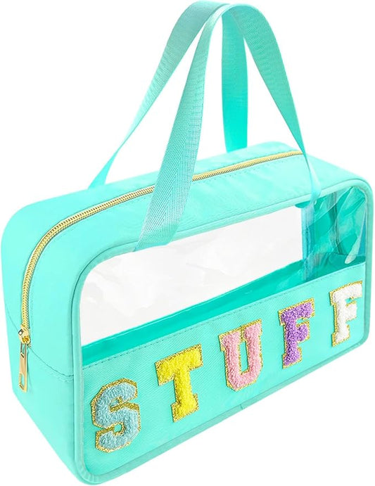Chenille Letter Clear Makeup Bag Stuff Patch, Travel Toiletry Makeup Bag with Handle, Nylon Waterproof Makeup Bags clear cosmetic bag, preppy patch makeup bag for Women (STUFF-Mint Green)