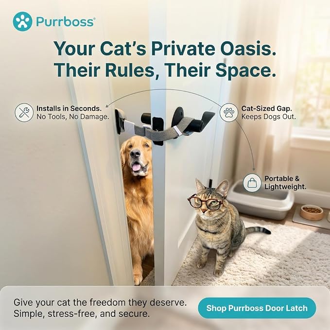 Adjustable Cat Door Latch to Keep Rooms Accessible for Pets, Dog-Proof Pet Gate Alternative for Feeding & Litter Box Areas, Strongest, Portable & No Tools or Adhesives