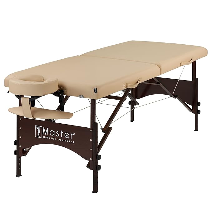 Master Massage Argo 28" Portable Massage Table with Walnut Legs – Spa Bed, Lash Table, Tattoo Bed, Beauty Bed – Cream