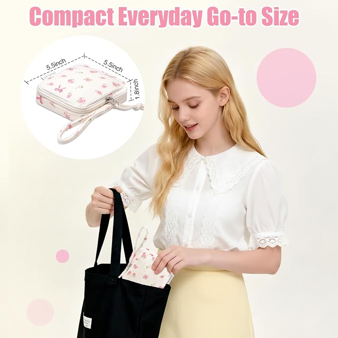 Small Makeup Bag | Discreet Period Bag Pad Pouch for Purse| Sanitary Napkin Storage & Tampon Holder for Travel Wallets and Handbags(Flower bow beige)