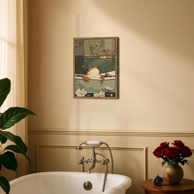 Funny Japanese Frog Bathroom Wall Art Whimsical Frog in Bathtub Wall Decor Painting Cute Animal Bathroom Poster Canvas Print Picture 12x16 inch Wood Framed