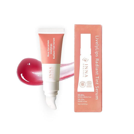 INNA ORGANIC Tinted Lip Serum, Moisturizing, Healing, Light Rosy color, 100% vegan, EWG & COSMOS Certified| also suitable for 10-15, kids | Rose Geranium Essential Oils Infused | Luxury Clean Beauty