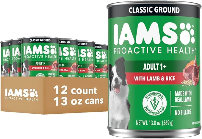 IAMS Proactive Health Ground Wet Dog Food, Lamb & Rice, 13 oz, 12 pack | Real lamb, supports whole-body health, Omega-6 for skin & coat, no fillers or artificial flavors, 100% complete & balanced