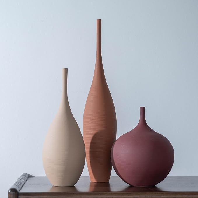 Relexome Ceramic Modern Vase Set of 3 Farmhouse Decorative Vase Minimalist Aesthetic Vases for Centerpieces Matte Ribbed Vases for Home Decor Table Entryway Living Room (Brown+Khaki+ Dark Red)
