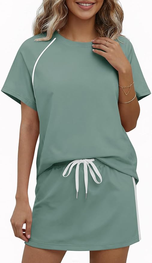 Womens 2 Piece Skirt Sets Summer Tennis Outfits Vacation Skort Set | Two Piece Sets, Short Set, Athletic Workout Golf Outfits, Crew Neck, Color Block, Drawstring, Workout Mathcing Lounge Sets
