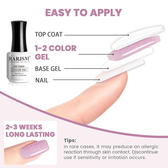 RARJSM Nude Rose Purple Gel Nail Polish with Rainbow Iridescent Glitter Sheer Jelly Shimmer Gel Polish 15ml UV LED Soak Off Transparent Soft Color Home Salon French Manicure Varnish Curing Requires