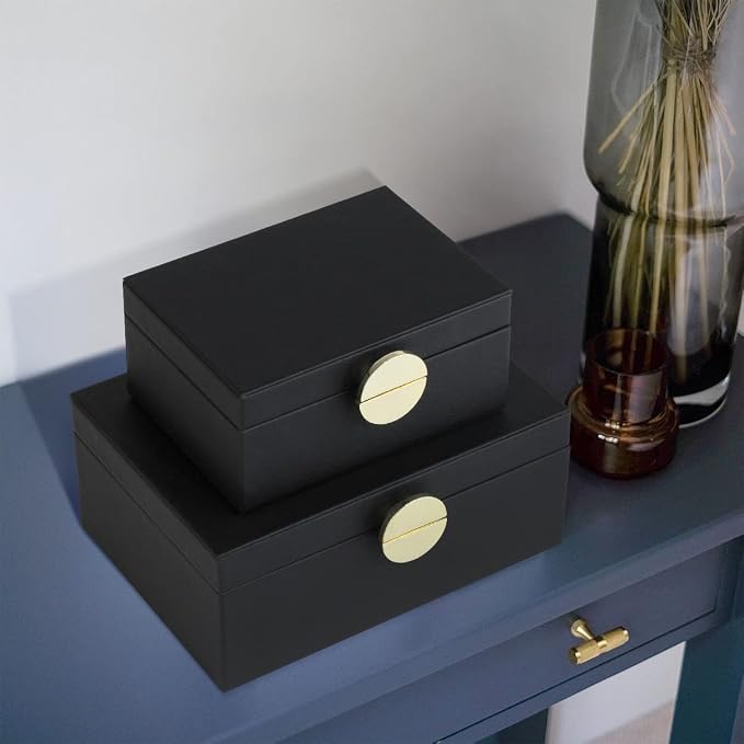 HofferRuffer Faux Leather Jewelry Boxes, Decorative Boxes Storage Accessory Organizer with Gold Hardware Decor, Classic Vegan Leather Set of 2 Pieces (Black)