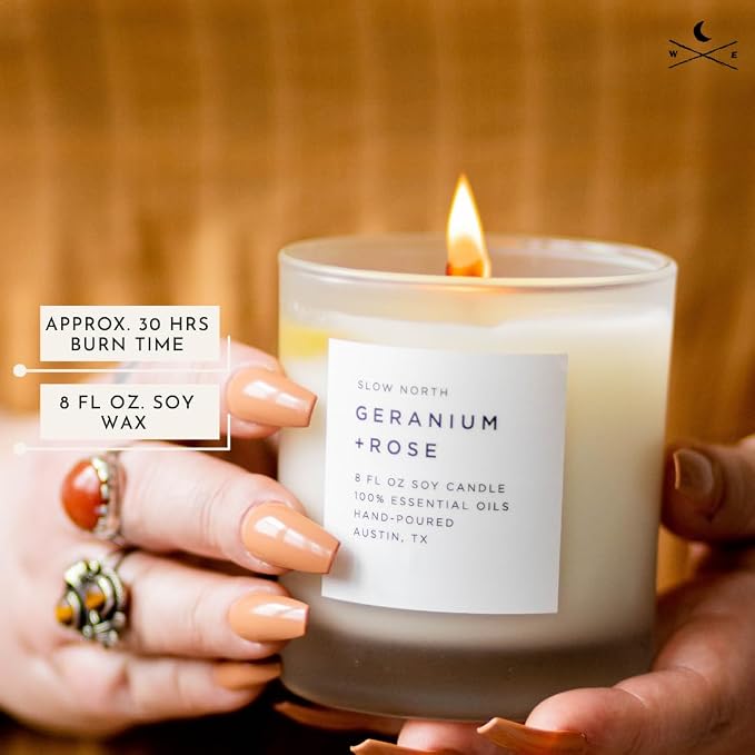 Slow North Geranium + Rose Candle - Essential Oils and Pure Soy Wax Candle in a Reusable Frosted Glass Jar - A Unique Scented Candle Hand-Poured in the USA (8 oz)