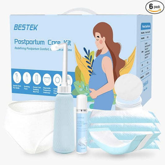 Postpartum Recovery Essentials Kit - Labor Delivery Mom Care Kit - Disposable Postpartum Underwear, Peri Bottle, Postpartum Ice Pack Pads, Reusable Nursing Pads, Herbal Foam, Canvas Bag Set 6 pack