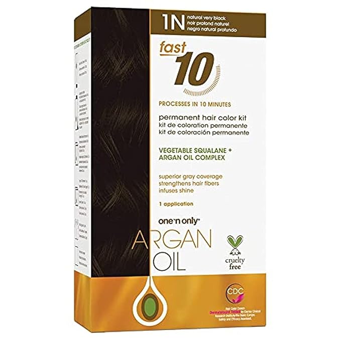 One 'N Only Fast 10 Permanent Hair Color Kit - Hair Dye for Women with Argan Oil to Maintain Moisture Balance - Advanced Micro-Pigments for Natural Tones (1N Natural Very Black)