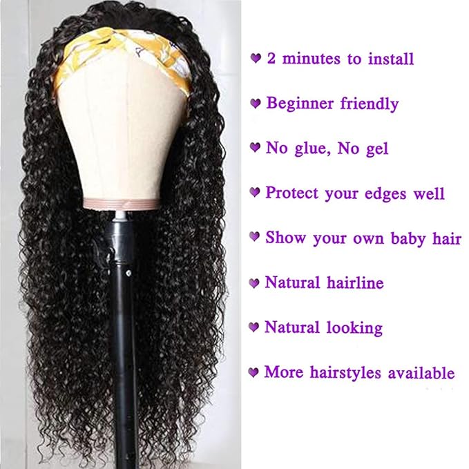 Human Hair Headband Wig Curly Human Hair Wigs for Black Women Brazilian Virgin Hair Glueless None Lace Front Wigs 150% Density (16" Headband wigs)