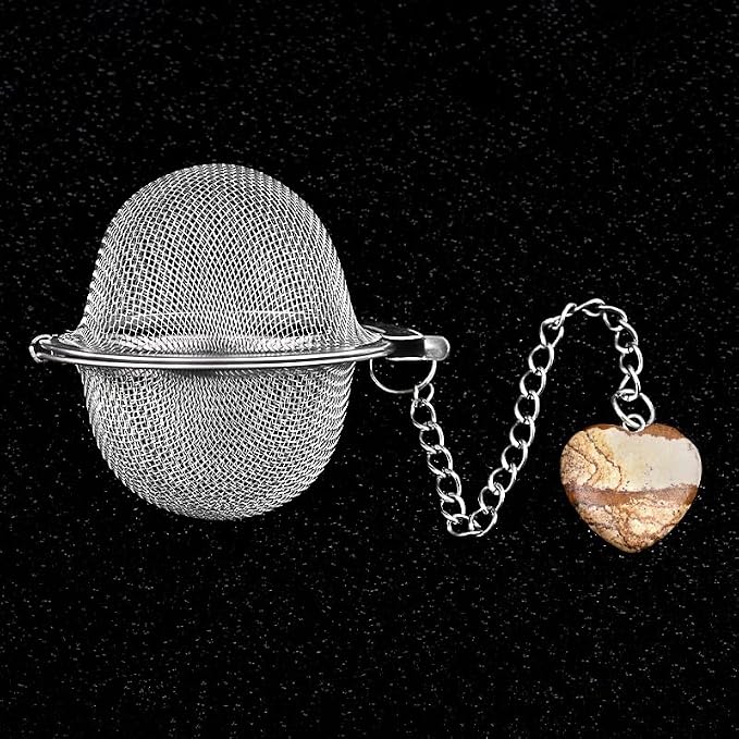 5 Pcs Stainless Steel Tea Ball Infusers with Heart Natural Crystal Charms, Fine Mesh Tea Strainers with Extension Chain & Hook for Loose Leaf Tea, Spices, Seasonings