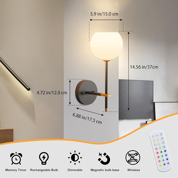 Black Gold Battery Operated Wall Sconces Set of 2, Rechargeable Wireless Wall Lights with Milky White Frosted Glass, 12 RGB and 3CCT Dimmable, Wall Lamps with Remote for Bedroom Living Room Hallway