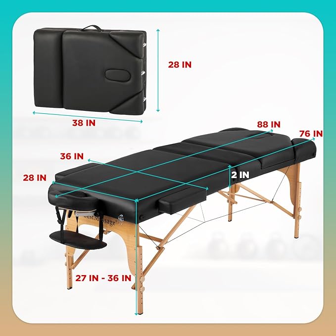 BestMassage Massage Bed Portable Massage Table 77" L 28" W Lash Bed Height Adjustable 3 Folding PU Leather with Oxford Bag for Spa Footmassage Facial CareSpa Tattoo