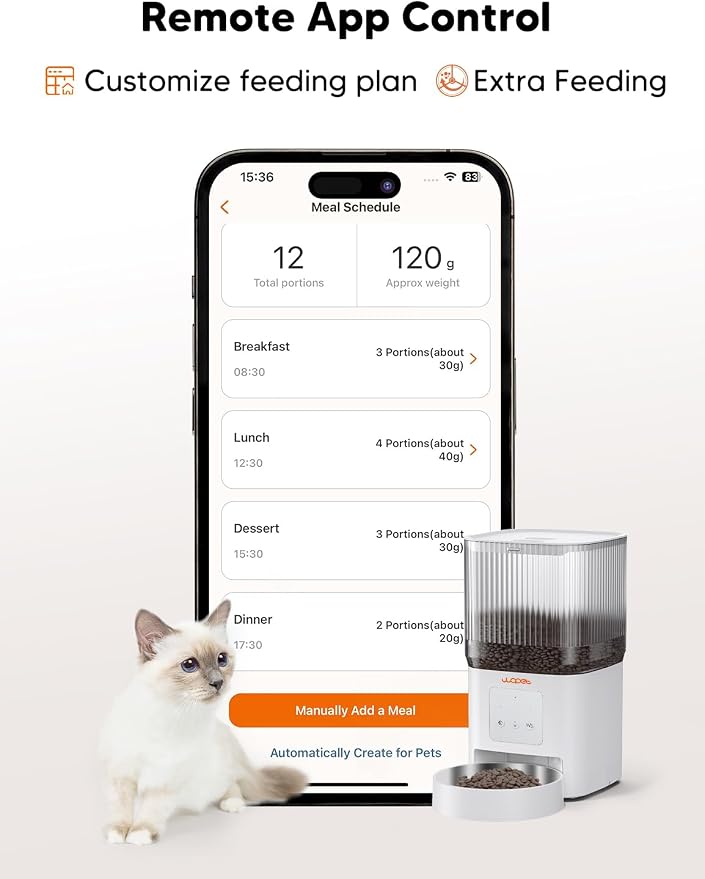 WOPET Automatic Cat Feeder, 5G WiFi Automatic Dog Feeder with APP Control for Remote Feeding, Cat Food Dispenser with Low Food Sensor and Voice Recorder,Up to 10 Meals Per Day for Cats and Dogs